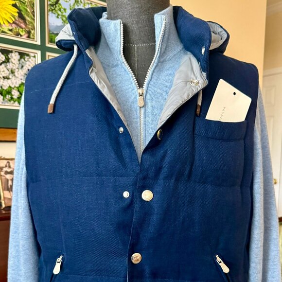 BRUNELLO CUCINELLI LUX Down Padded Vest, Navy,Linen Silk Wool,Hood, M, RT$3200 - Picture 1 of 15